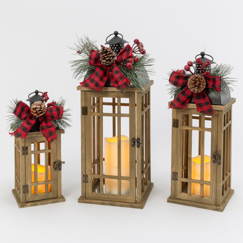 The Gerson Company 3-Piece Holiday Lantern Set with LED Candle and Floral Accent in Brown, , large