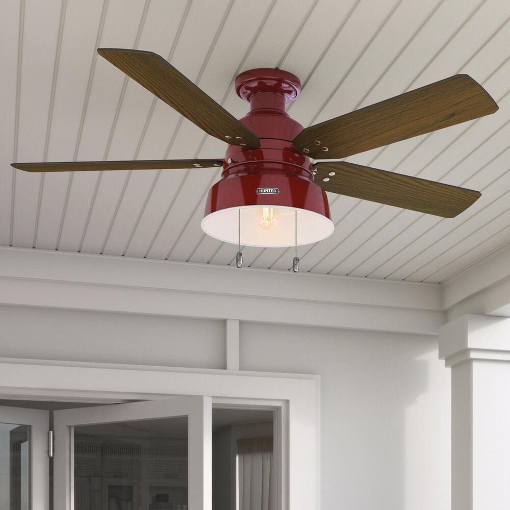 Hunter Mill Valley Low Profile 52&quot; Outdoor Ceiling Fan with Light in Barn Red, , large