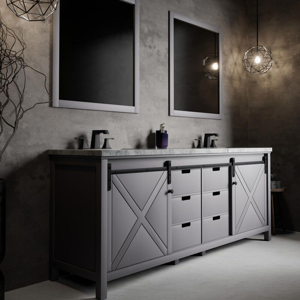 Lexora Home Marsyas 84&quot; Double Bathroom Vanity in Dark Grey with White Carrara Marble Top and Rectangular Sinks, , large