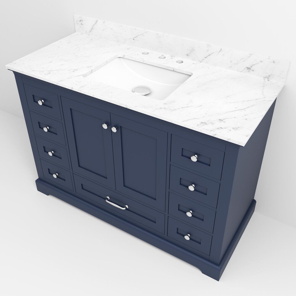 Lexora Home Dukes 48" Single Bathroom Vanity in Navy Blue with 2 cm White Carrara Marble Top and Rectangular Sink, , large