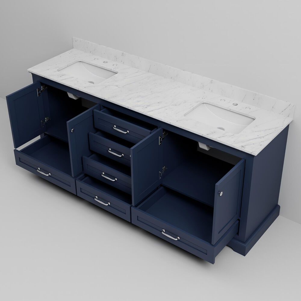 Lexora Home Dukes 80&quot; Double Bathroom Vanity in Navy Blue with 2 cm White Carrara Marble Top and Rectangular Sinks, , large