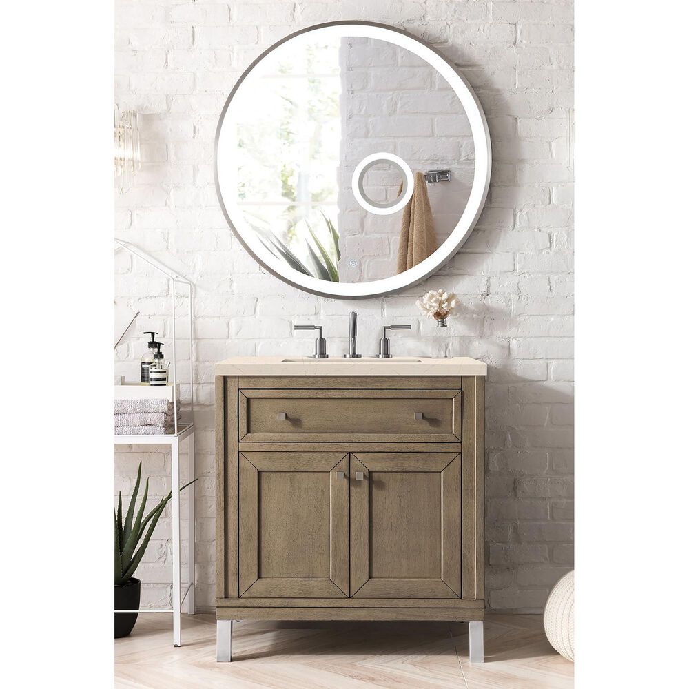 James Martin Vanities Chicago 30&quot; Single Bathroom Vanity in Whitewashed Walnut with 3 cm Eternal Marfil Quartz Top and Rectangular Sink, , large