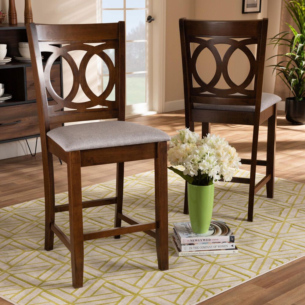 Baxton Studio Lenoir Counter Height Pub Chair with Grey Cushion in Walnut Brown (Set of 2), , large