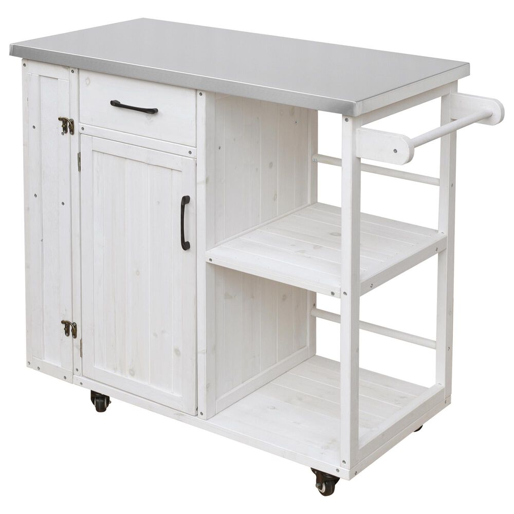 Hearth and Haven Outdoor Kitchen Island Cart with Stainless Steel Top, Towel and Spice Racks in White, , large