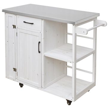 Hearth and Haven Outdoor Kitchen Island Cart with Stainless Steel Top, Towel and Spice Racks in White, , large