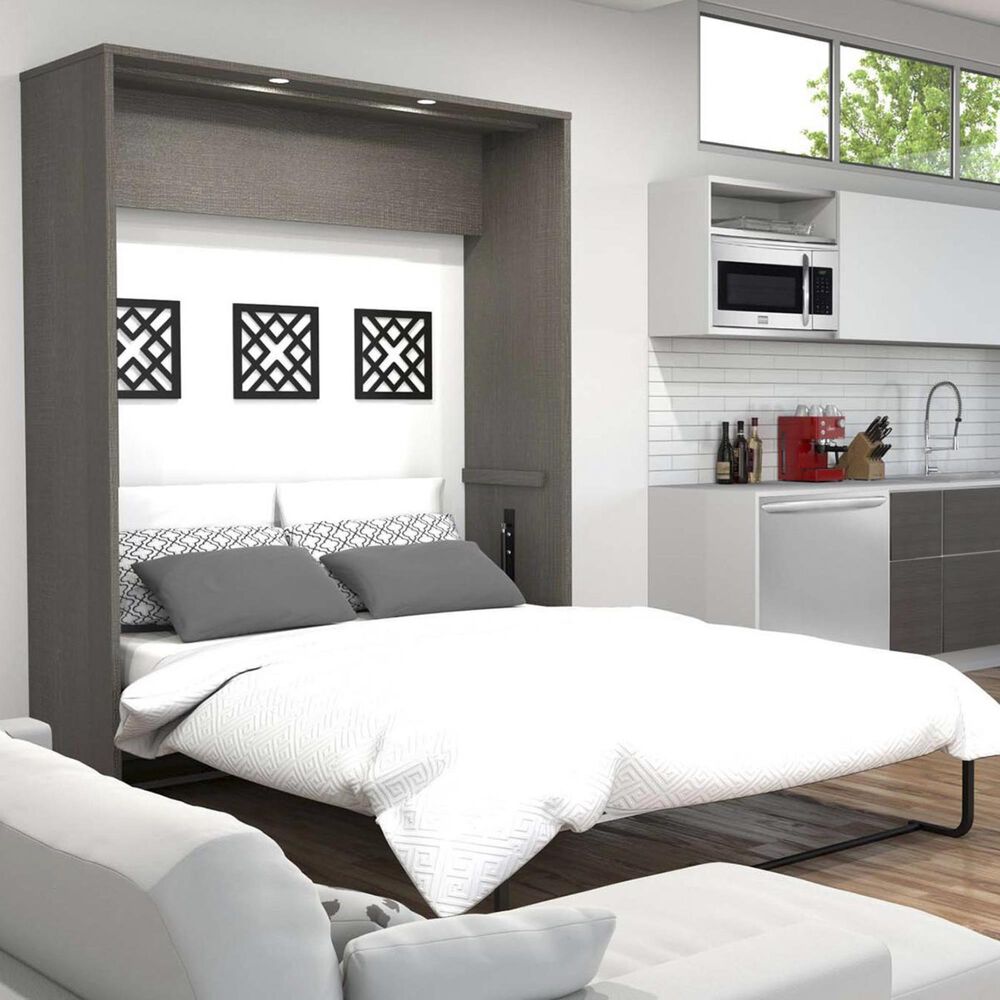 Bestar Cielo Queen Wall Bed In Bark Gray And White, , large