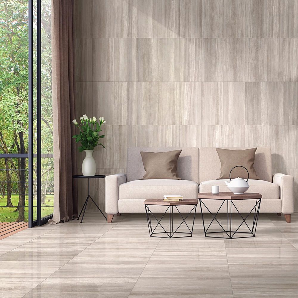 Soho Studio Zenit Taupe Beige 12" x 24" Travertine Look Polished Porcelain Tile, , large