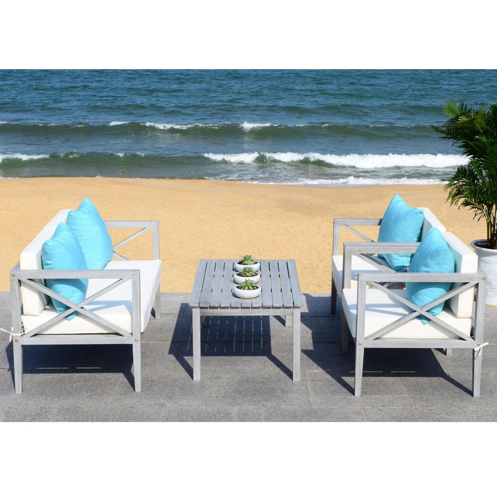 Safavieh Nunzio 4-Piece Outdoor Chat Set in Grey Wash, White, and Light Blue, , large