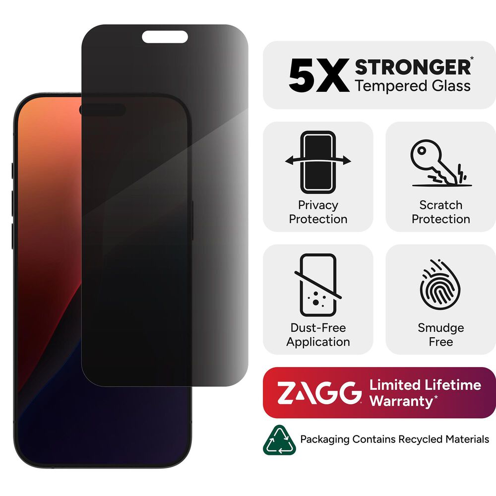 Zagg Invisible Shield Glass Elite Privacy Screen Protector for Apple iPhone 16 Pro Max in Clear, , large