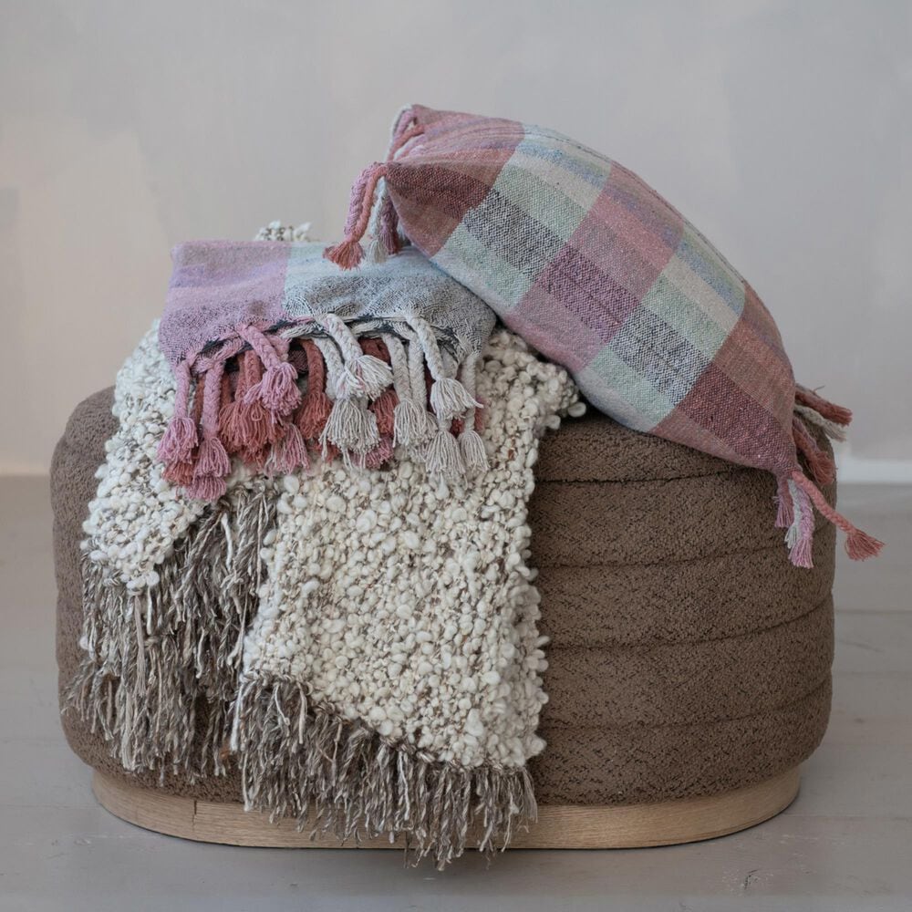 Teak Interiors 50&quot; x 60&quot; Shag Throw with Fringe in Natural and Grey Melange, , large