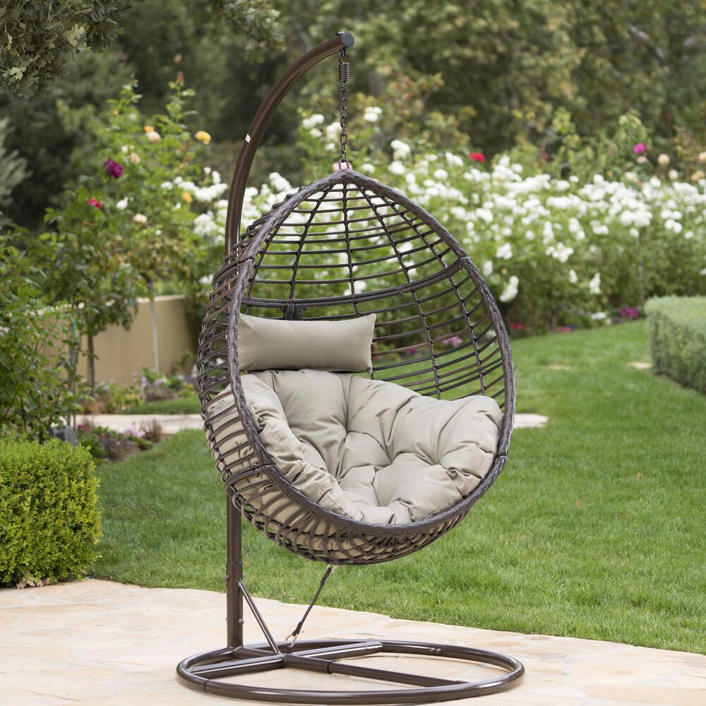 Noble House Layla Hanging Basket Chair and Stand in Multi-Brown, , large