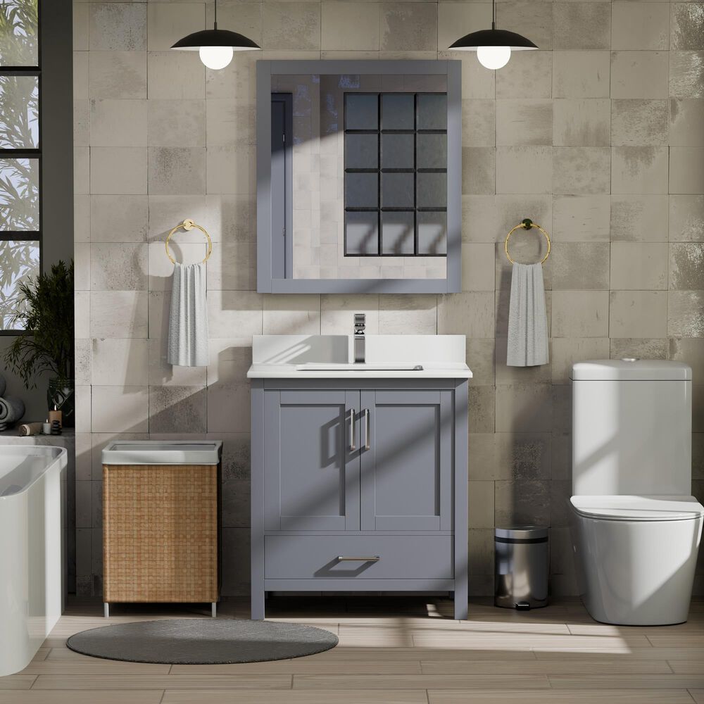 Lexora Home Jacques 30&quot; Single Bathroom Vanity in Dark Grey with 2 cm White Cultured Marble Top and Rectangular Sink, , large