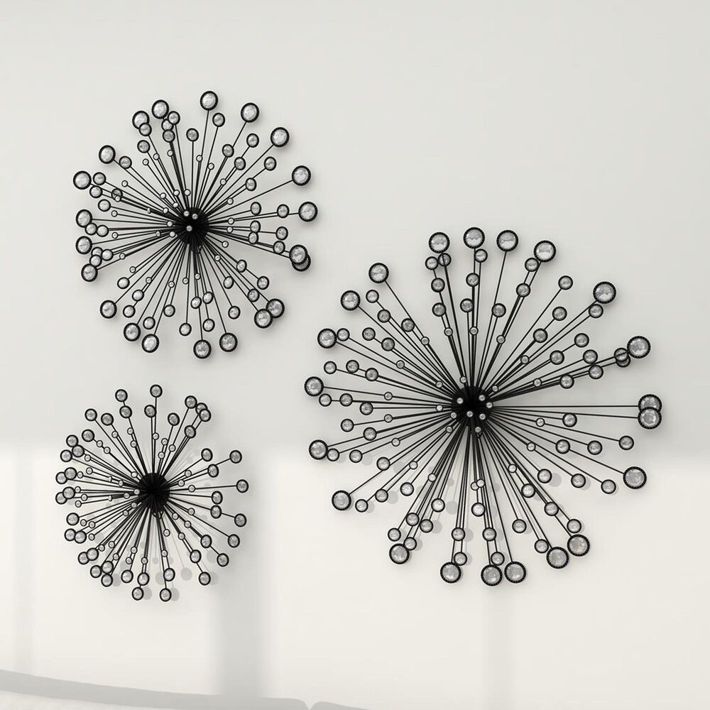 Maple and Jade 16&quot;, 20&quot;, 24&quot; Wall Sculptures with Crystal in Polished Black &#40;Set of 3&#41;, , large