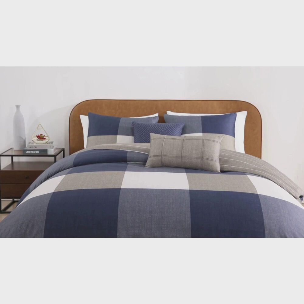 Bebejan 5-Piece Queen Checkered Comforter Set in Navy and Tan, , large