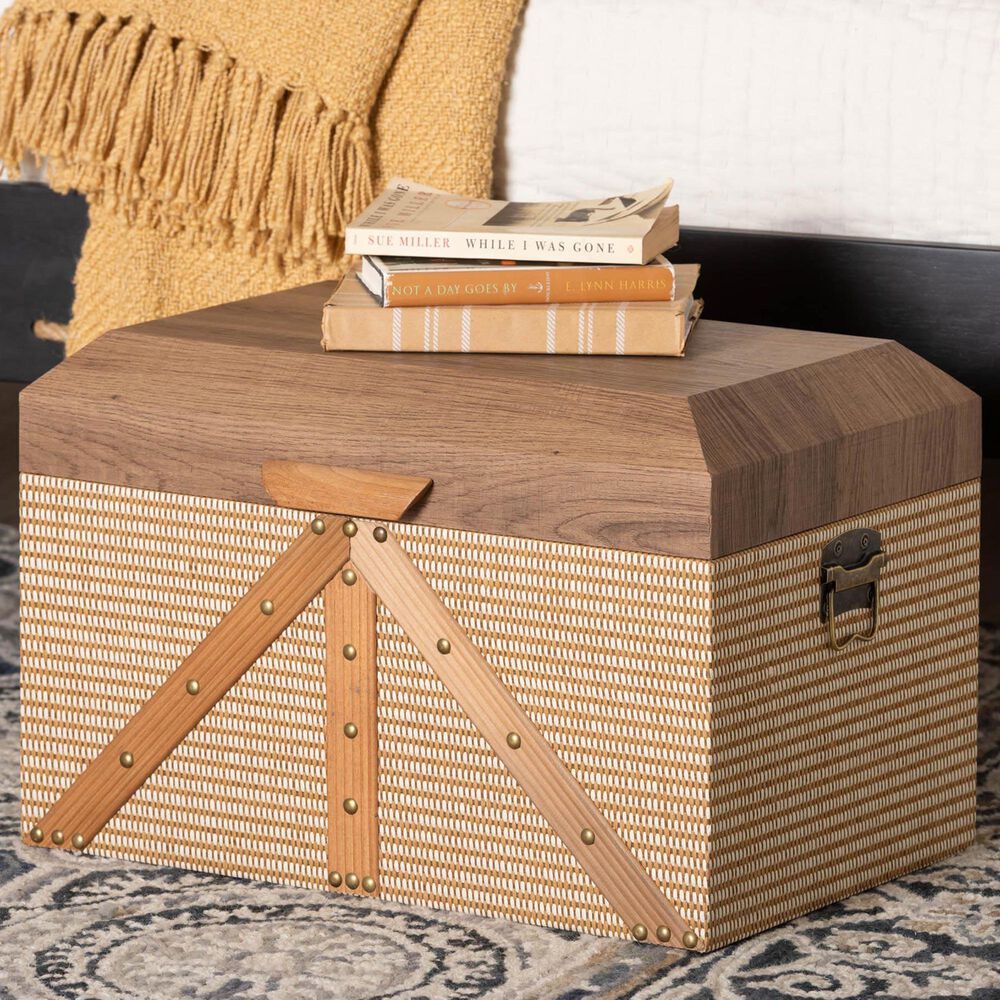 Baxton Studio Kande Storage Trunk with Hinged Top in Light Brown, Walnut and Bronze, , large