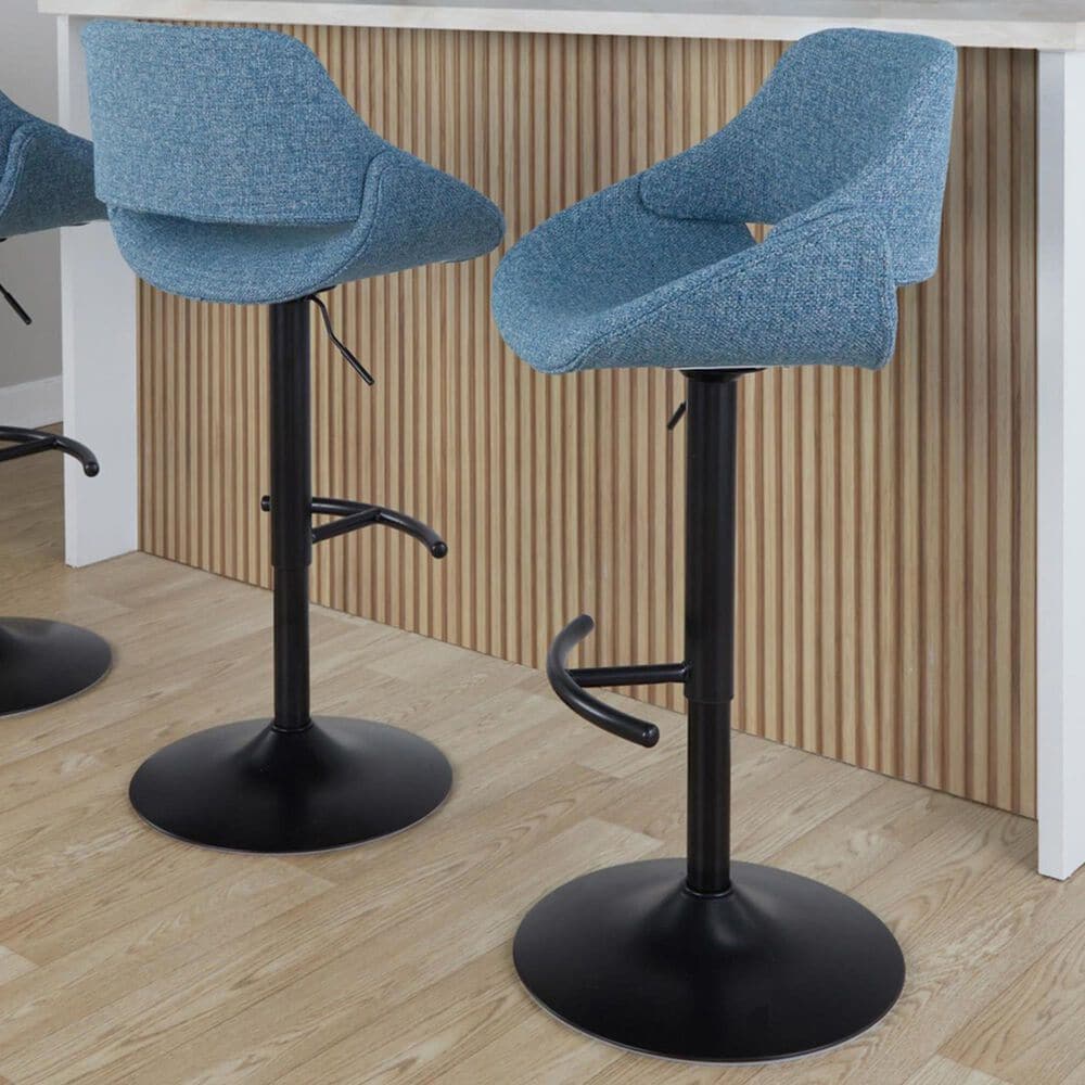 LumiSource Fabrico Swivel Adjustable Bar Stool with Blue Noise Fabric Upholstery and Rounded T Footrest in Black (Set of 2), , large