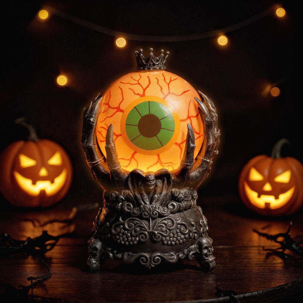 The Gerson Company 9.4&quot; Lighted Spinning Halloween Smoky Water Globe on Hand Base in Black and Yellow, , large