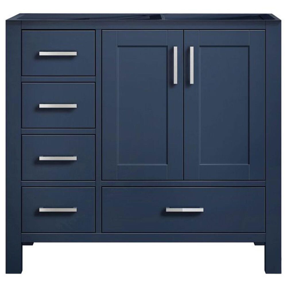 Lexora Home Jacques 36&quot; Right Offset Single Bathroom Vanity in Navy Blue with 2 cm White Carrara Marble Top and Rectangular Sink, , large