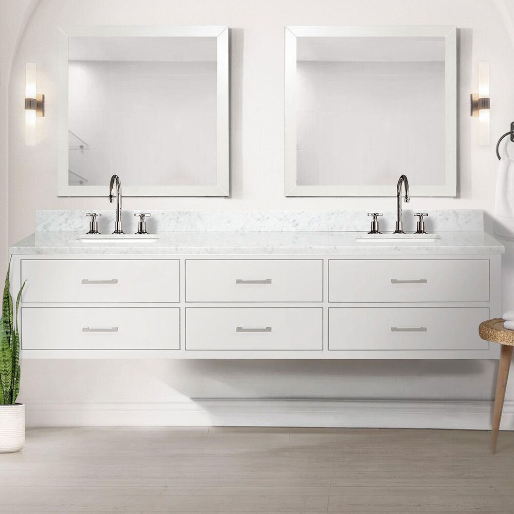 Lexora Home Castor 84" Double Bathroom Vanity in White with 2 cm White Carrara Marble Top and Rectangular Sinks, , large