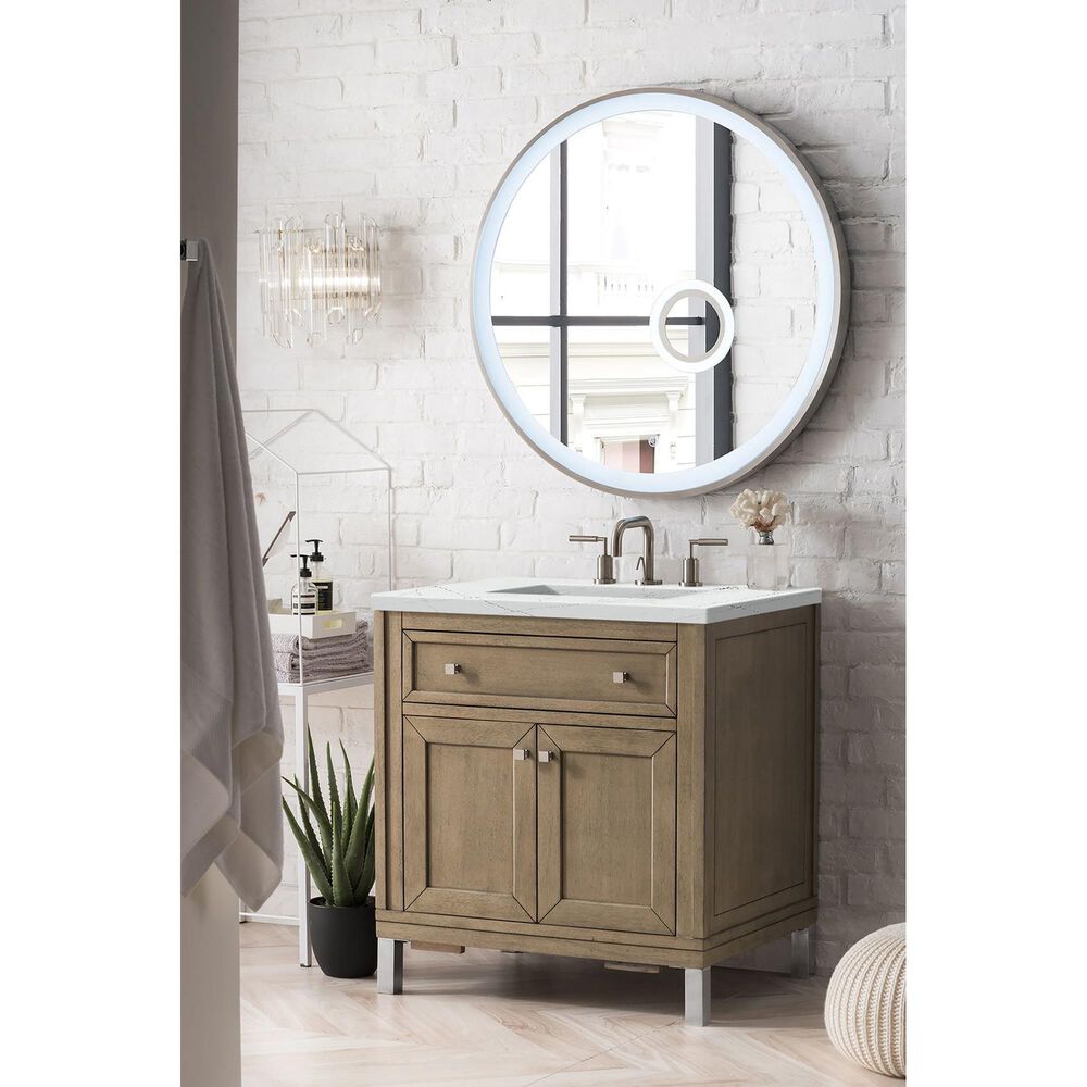 James Martin Vanities Chicago 30&quot; Single Bathroom Vanity in Whitewashed Walnut with 3 cm Ethereal Noctis Quartz Top and Rectangular Sink, , large