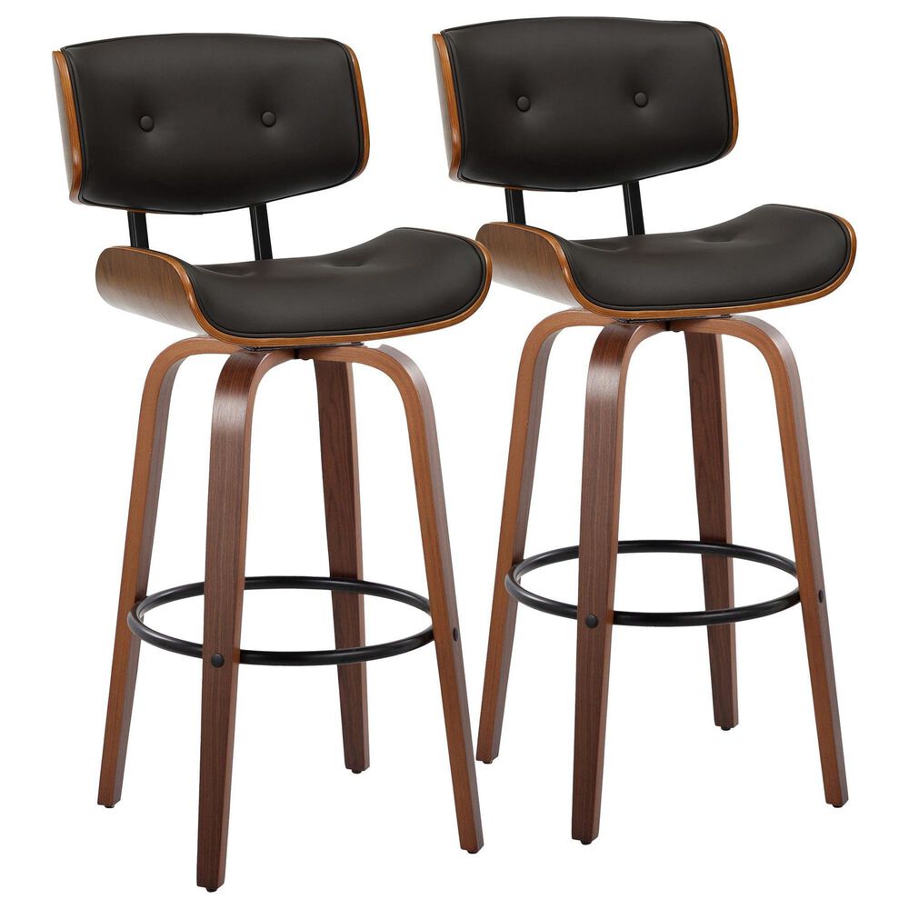 LumiSource Lombardi 30" Swivel Barstool with Espresso Faux Leather Upholstery in Walnut and Black (Set of 2), , large
