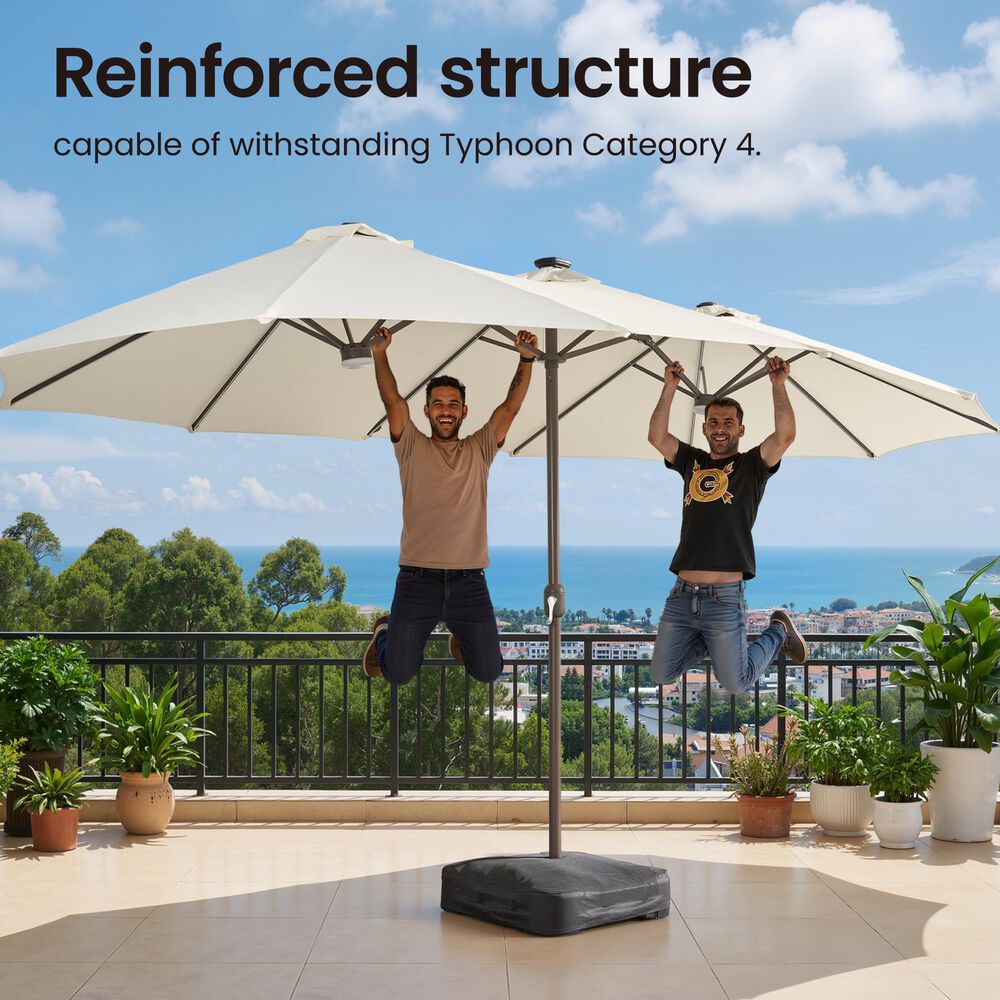 HOMLUX 15' Double-Sided Outdoor Market Umbrella with Sandbag Base and RGB LED Lights in White, , large