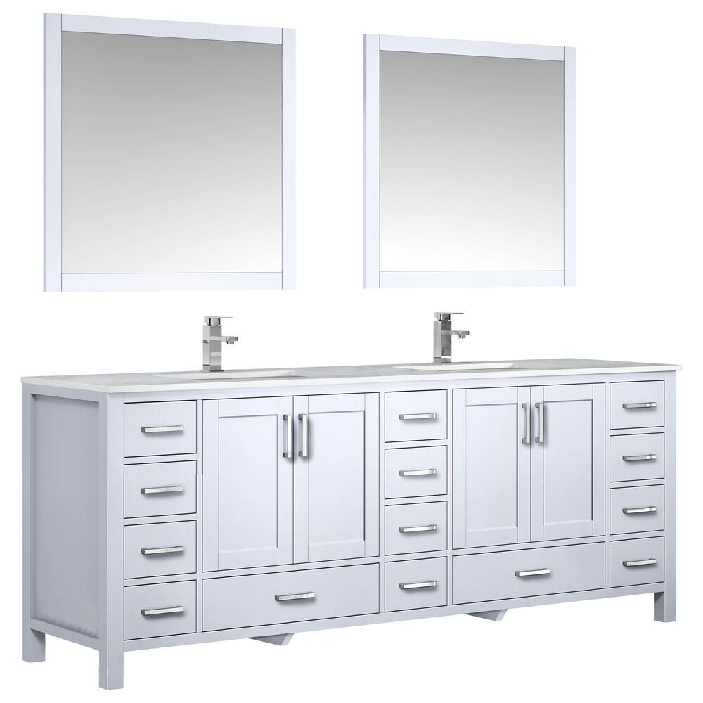Lexora Home Jacques 84" Double Bathroom Vanity in White with Carrara Marble Top, Rectangle Sinks, Chrome Faucets and Mirrors, , large