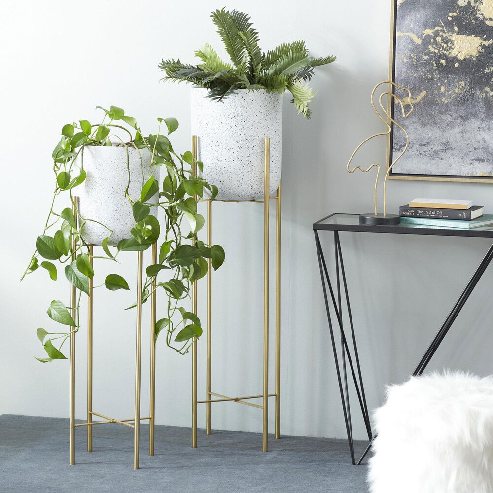 Maple and Jade Deep Recessed Dome Planter with Removable Stand in Matte White and Gold &#40;Set of 2&#41;, , large