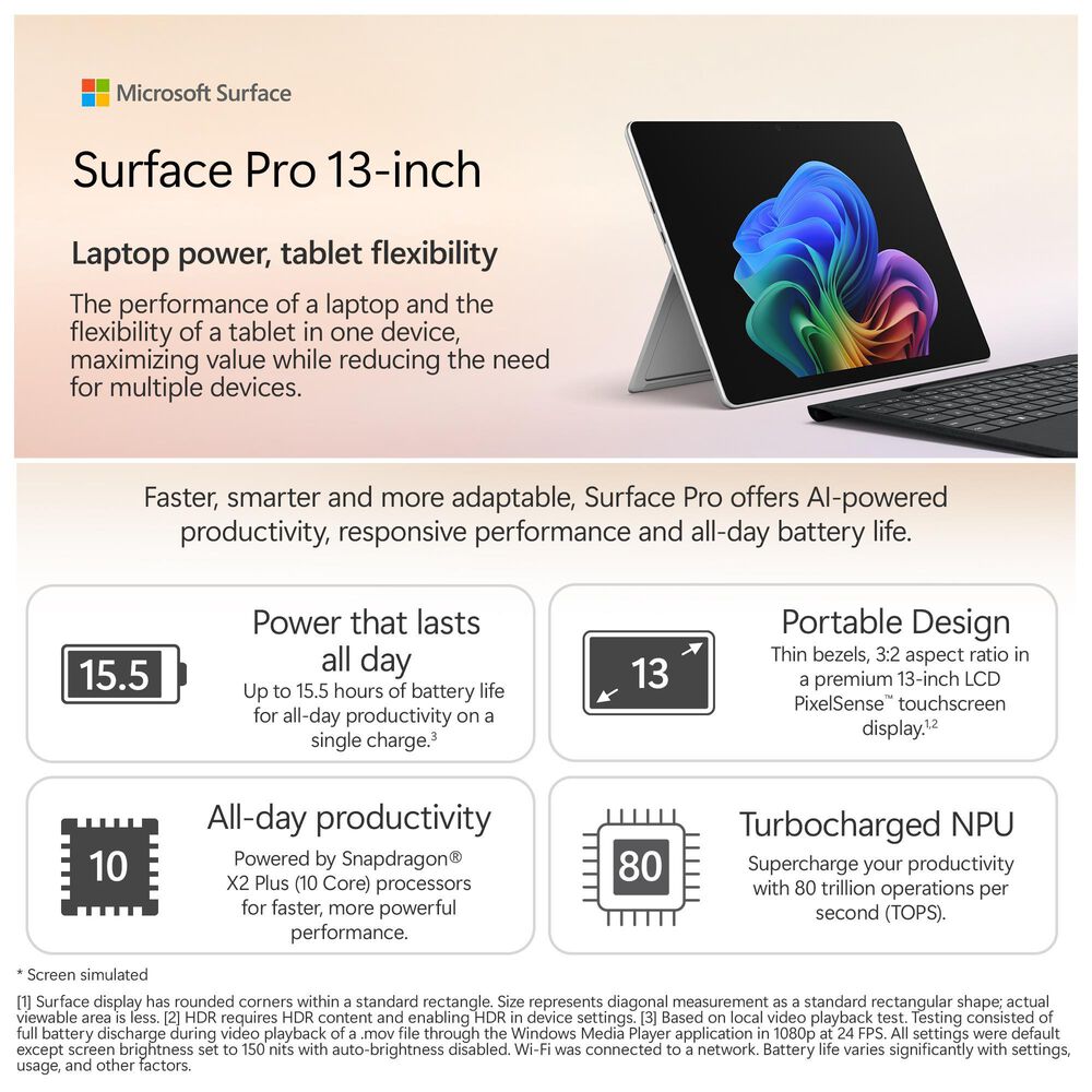 Microsoft Surface Pro 13-inch | Snapdragon X2 Plus (10 core) | 16GB RAM | 512GB SSD | Device only | Windows 11 | in Platinum (Latest Model), , large