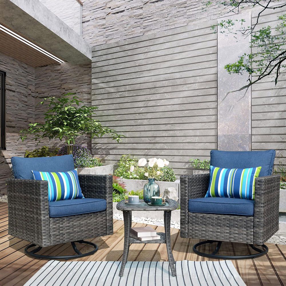HOMLUX 3-Piece Patio Conversation Set with Square-Arm Swivel Rocking Chairs in Denim Blue, , large