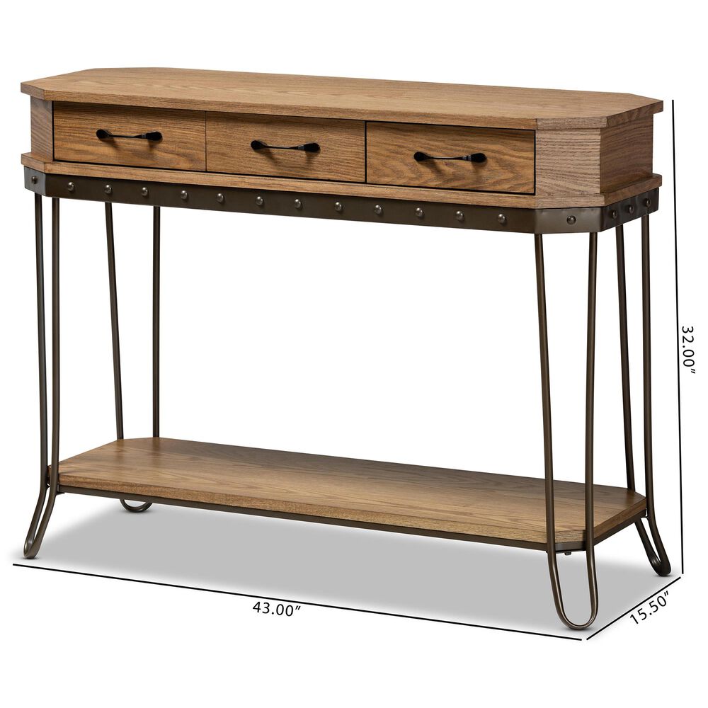 Baxton Studio Kellyn 3-Drawer Console Table in Oak Brown/Black, , large