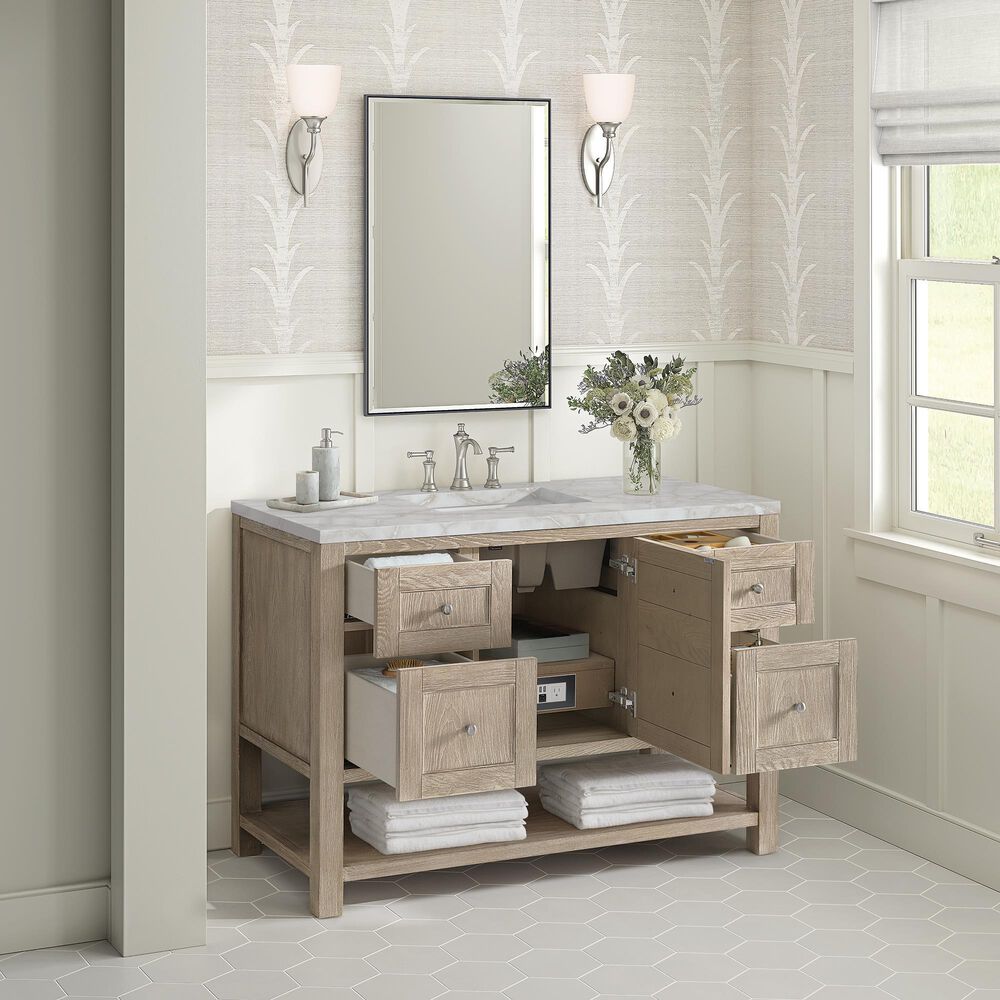 James Martin Vanities Breckenridge 48" Single Bathroom Vanity in Whitewashed Oak with 3 cm Eternal Jasmine Pearl Silestone Top, Rectangular Sink and FreePower Wireless Charger, , large