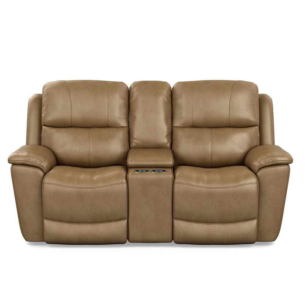 Flexsteel Cade Leather Power Reclining Console Loveseat with Headrest in Sand, , large