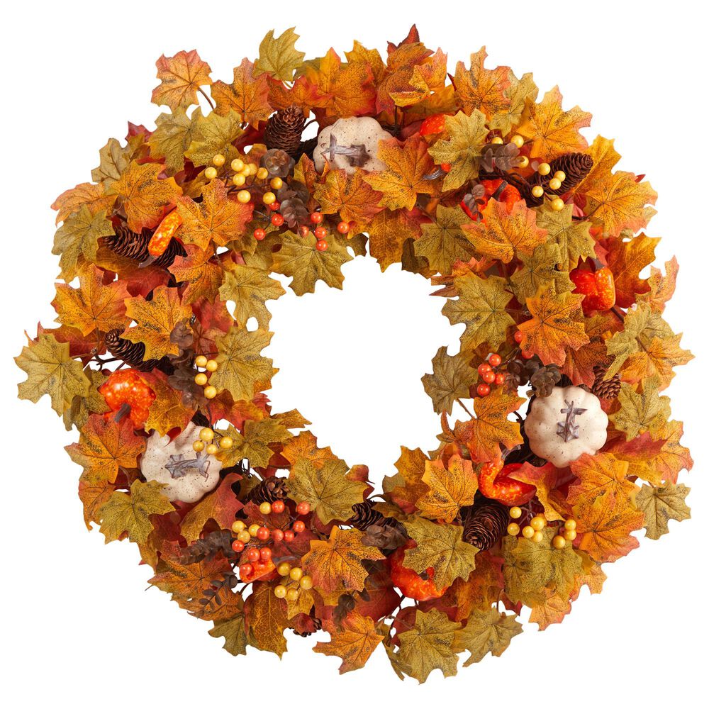 Nearly Natural Inc 30in. Autumn Pumpkin and Maple Leaf Artificial Fall Wreath, , large