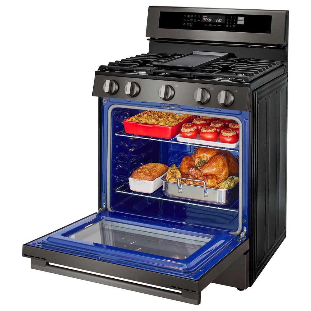 LG 2-Piece Kitchen Package with 6.3 Cu. Ft. Smart Freestanding Gas Range and 2.1 Cu. Ft. Smart Over-the-Range Microwave in Black Stainless Steel, , large