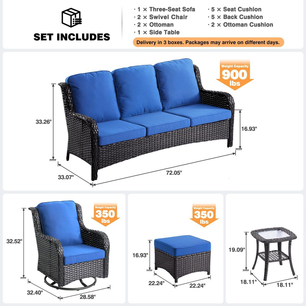 HOMLUX HOMLUX 6-Piece Patio Furniture Set with Swivel Rocking Chairs, High Back Outdoor Wicker Sofa Couch, Brown Rattan in Navy Blue, , large