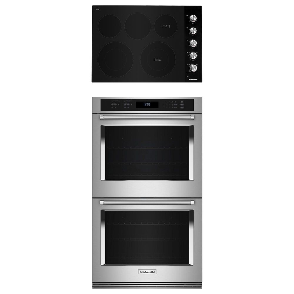 Kitchenaid 2-Piece Kitchen Package with PrintShield Stainless Steel 30" Double Wall Oven and Black 30" Electric Cooktop, , large