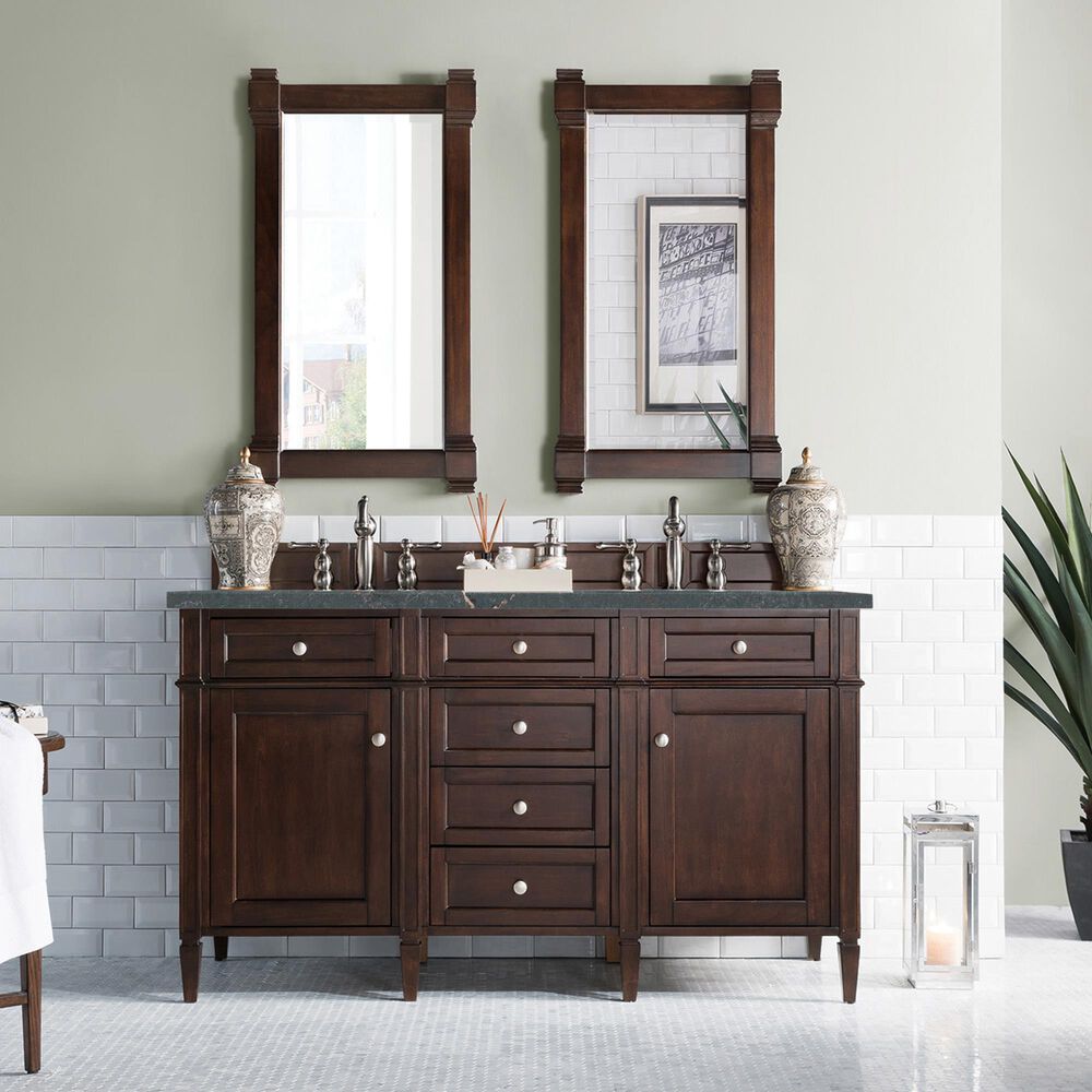 James Martin Vanities Brittany 60&quot; Double Bathroom Vanity in Burnished Mahogany with 3 cm Parisien Bleu Quartz Top and Rectangular Sinks, , large