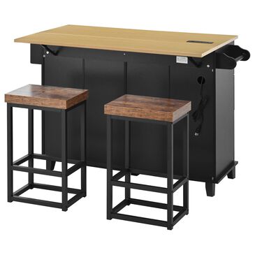 HOMLUX Farmhouse Kitchen Island with Drop Leaf and 2 Stools in Black, Natural and Rustic Brown, , large