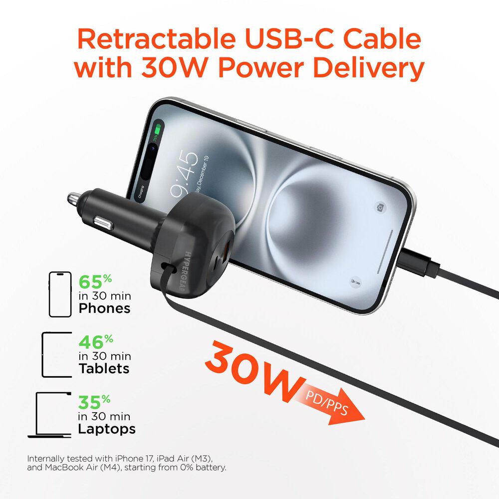 Hypercel SpeedBoost 3-in-1 Fast Car Charger with Retractable 30W USB-C PD Cable in Black, , large