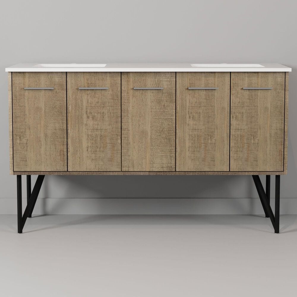 Lexora Home Lancy 60" Double Bathroom Vanity in Rustic Acacia with 2 cm White Quartz Top and Rectangular Sinks, , large