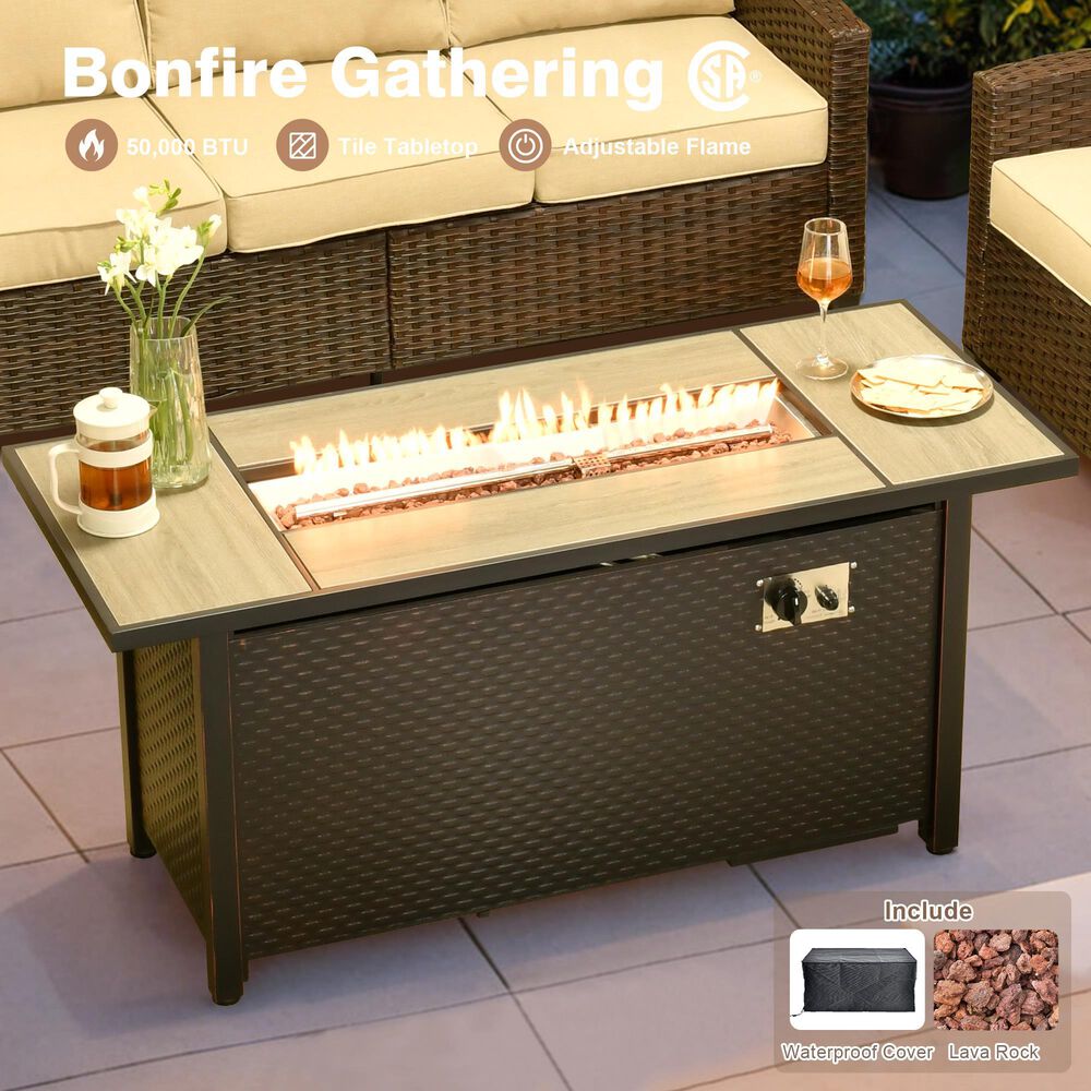 HOMLUX 7-Piece Patio Conversation Set with Fire Pit Table in Beige, , large