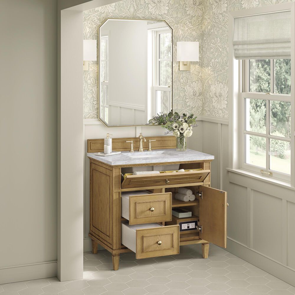 James Martin Vanities Lorelai 36&quot; Single Vanity in Light Natural Oak with 3 cm Carrara White Marble Top, , large