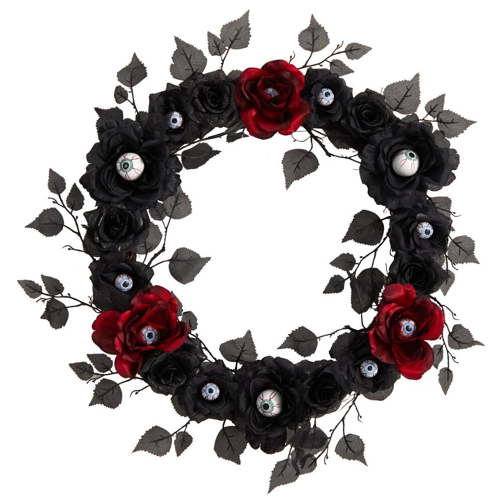 Nearly Natural Inc 24in. Eyeball Rose Halloween Artificial Wreath, , large