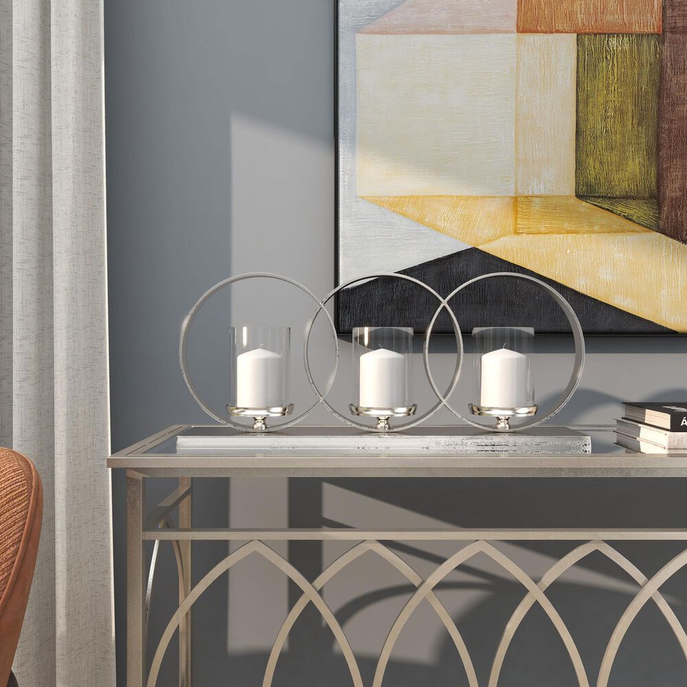 Maple and Jade Overlapping Rings Pillar 3 Plate Geometric Decorative Candelabra in Silver, , large