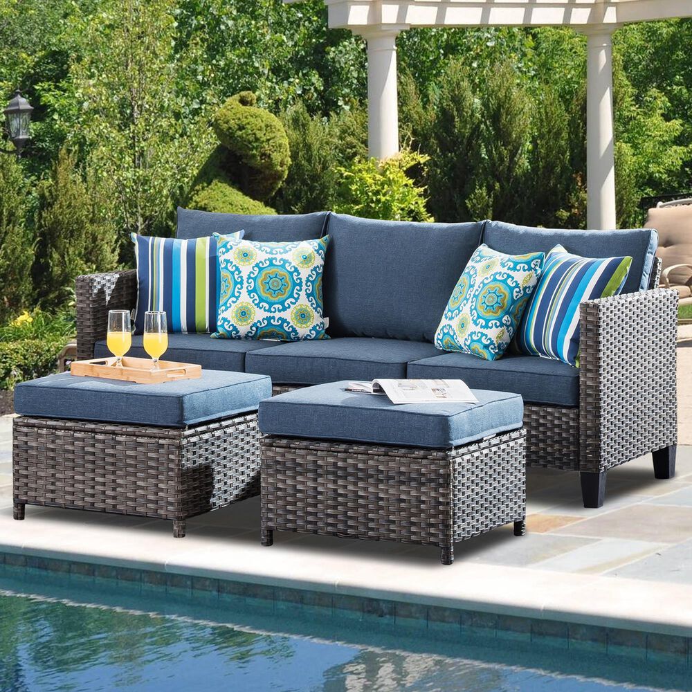 HOMLUX 3-Piece 77" Patio Sofa and Ottoman Set in Denim Blue, , large