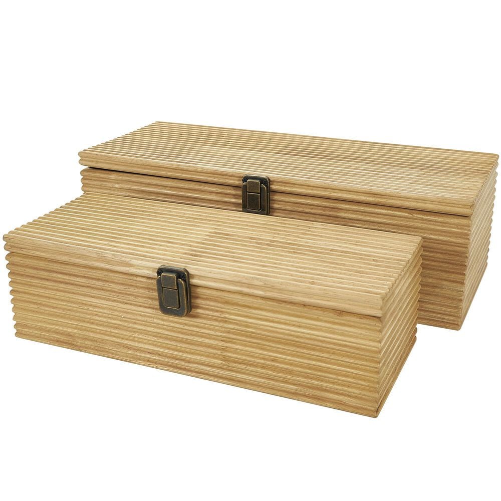 Maple and Jade 2-Piece Carved Linear Decorative Box Set in Light Brown, , large