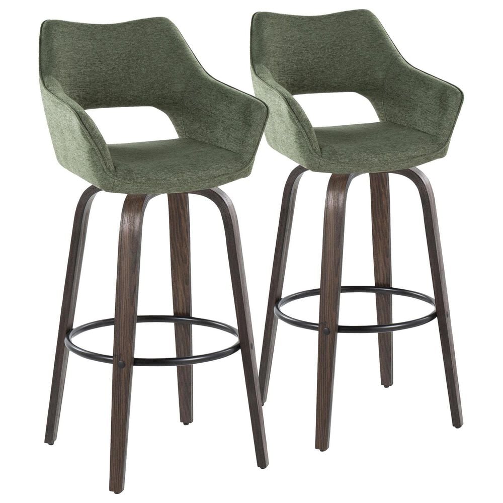 LumiSource Mustang 30" Swivel Bar Stool with Green Fabric Upholstery in Glazed Walnut and Black (Set of 2), , large