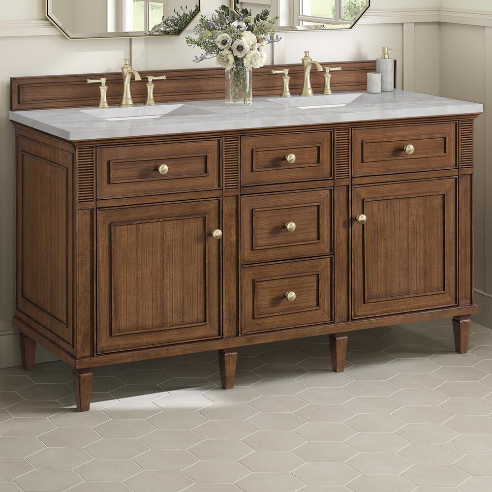James Martin Vanities Lorelai 60" Double Bathroom Vanity in Mid-Century Walnut with 3 cm Eternal Jasmine Pearl Silestone Top, Rectangular Sinks and FreePower Wireless Charger, , large