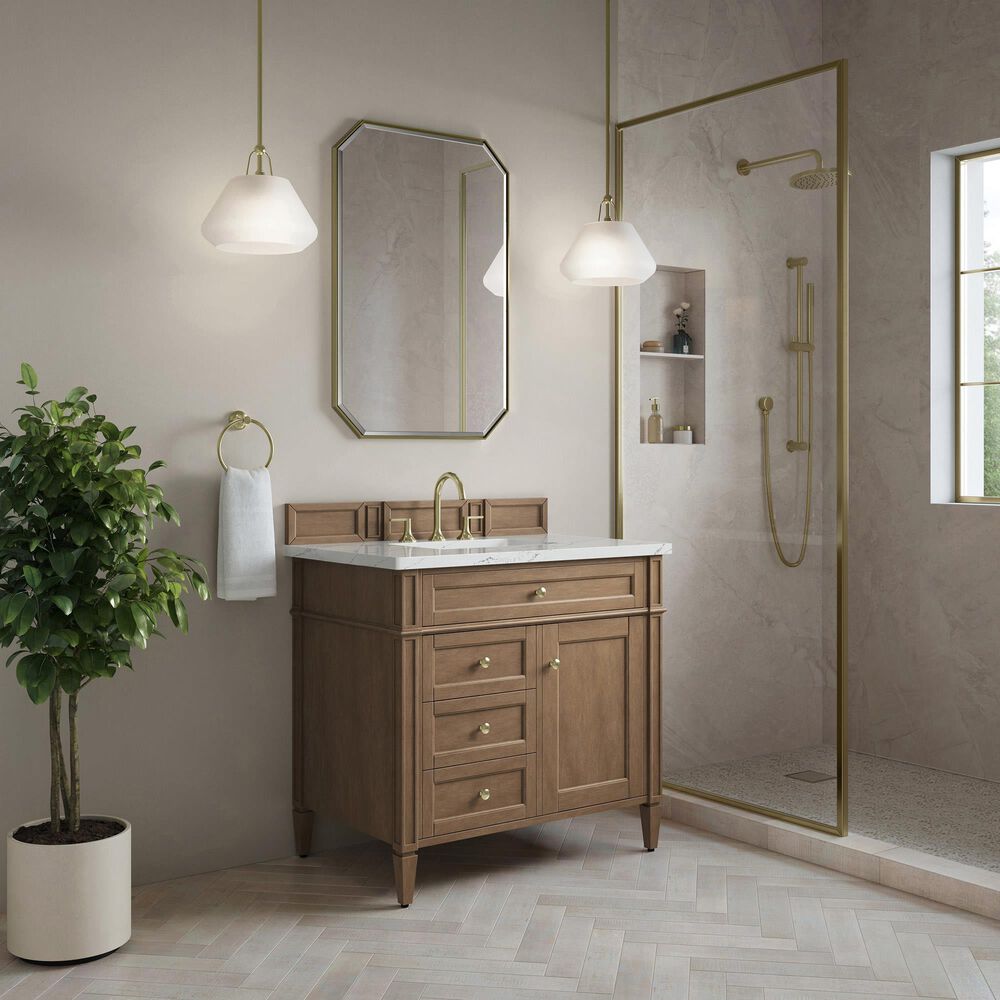 James Martin Brittany 36" Single Bathroom Vanity in Pecan with 3 cm Ethereal Noctis Silestone Top and Rectangular Sink, , large